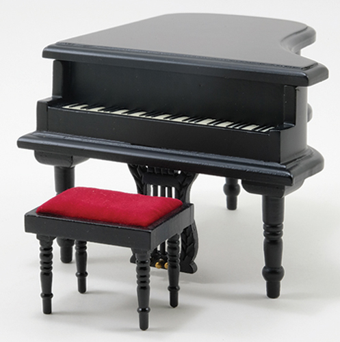 Dollhouse Miniature Baby Grand Piano with Stool, Black
